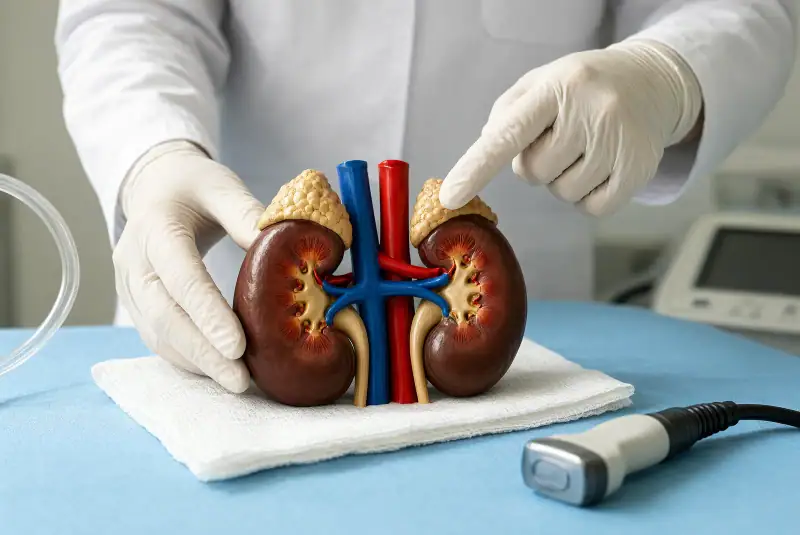 Klinik ortamda eldivenli ellerin böbrek modelini ultrason probuyla birlikte incelediği bir sahne