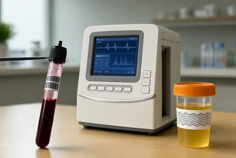 Laboratuvarda böbrek fonksiyon testlerini çağrıştıran kan tüpü, idrar örneği kabı ve tanı ekipmanları