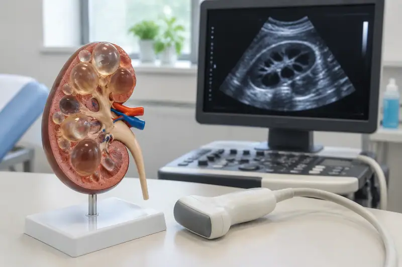 Üzerinde çok sayıda kist bulunan böbrek modeli, ultrason probu ve böbrek görüntüsünün yer aldığı bir monitörün yanında