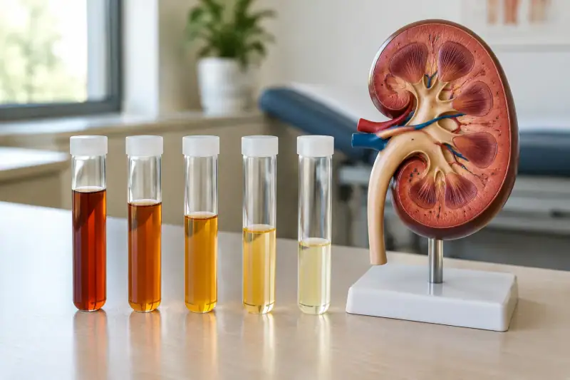 Yan yana dizilmiş, sıvı seviyeleri azalan beş laboratuvar tüpü ve anatomik böbrek modeli